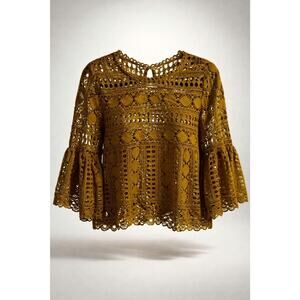#2 ELLISON  Mustard Crochet Lace Blouse Fluted Sleeves  size S